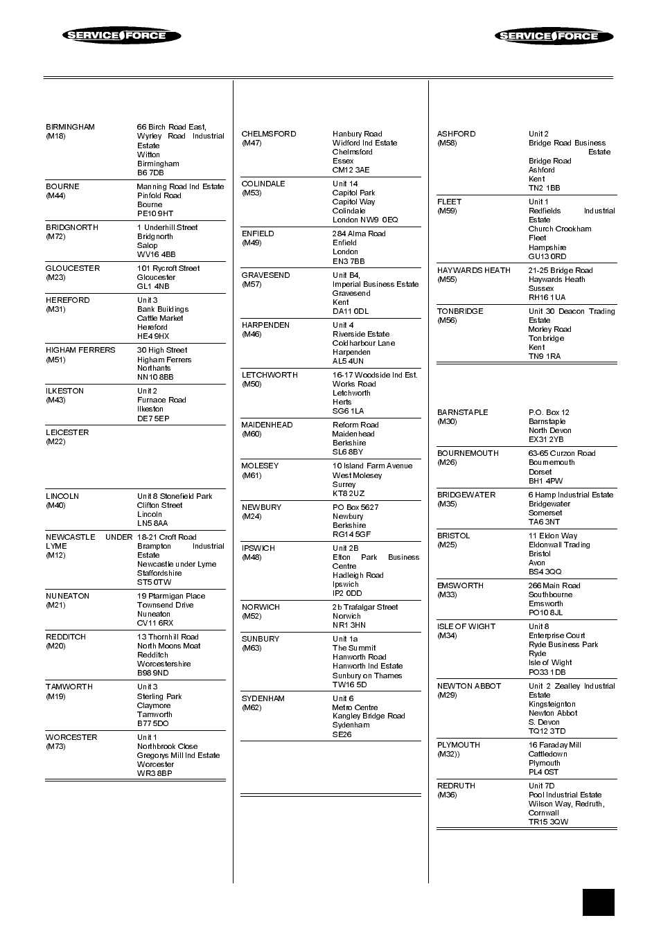 Tricity bendix service force, Midlands, London & east anglia | South east, South west | Tricity Bendix BS 631 User Manual | Page 49 / 52
