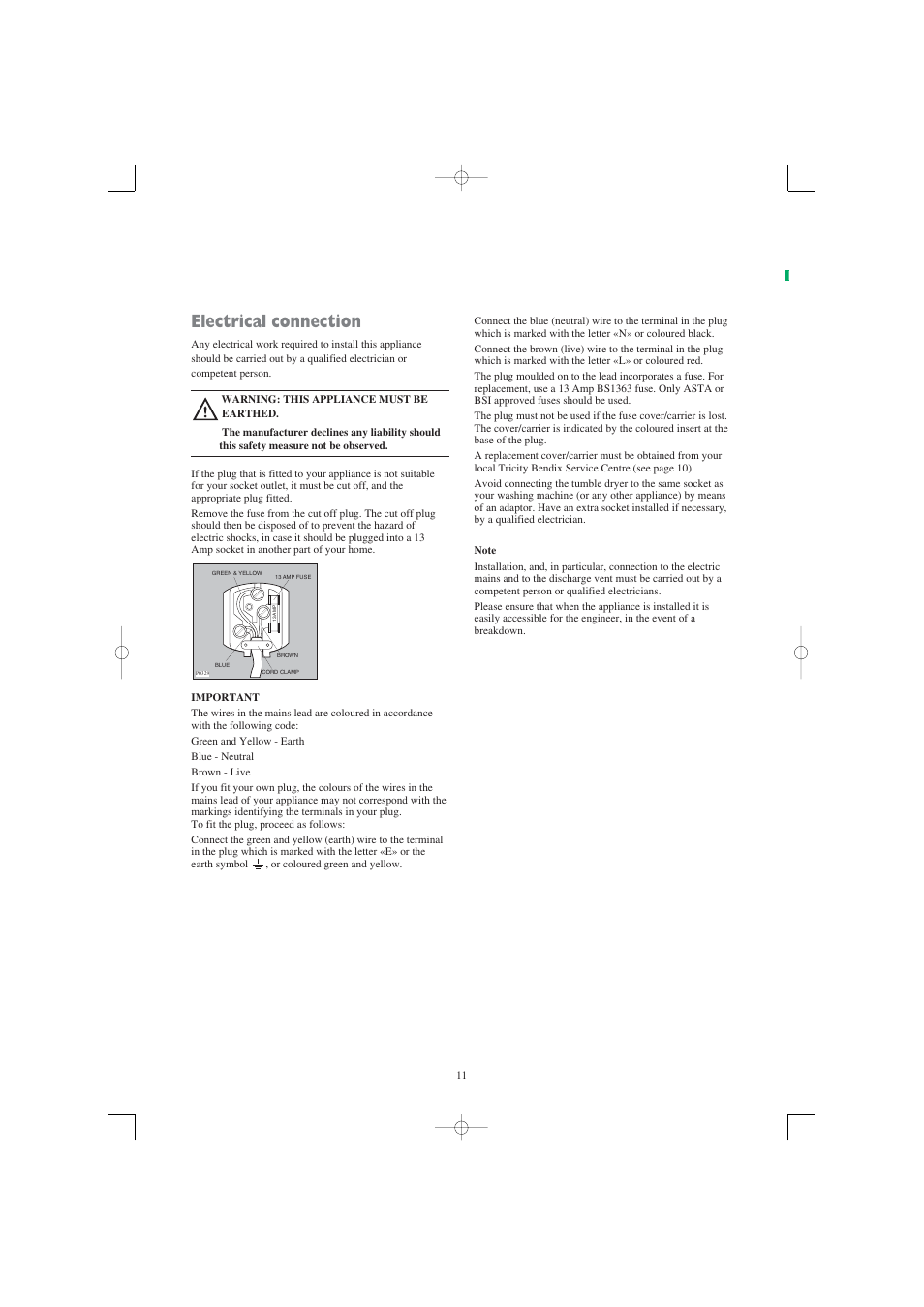 Electrical connection | Tricity Bendix TM 220 W User Manual | Page 11 / 12