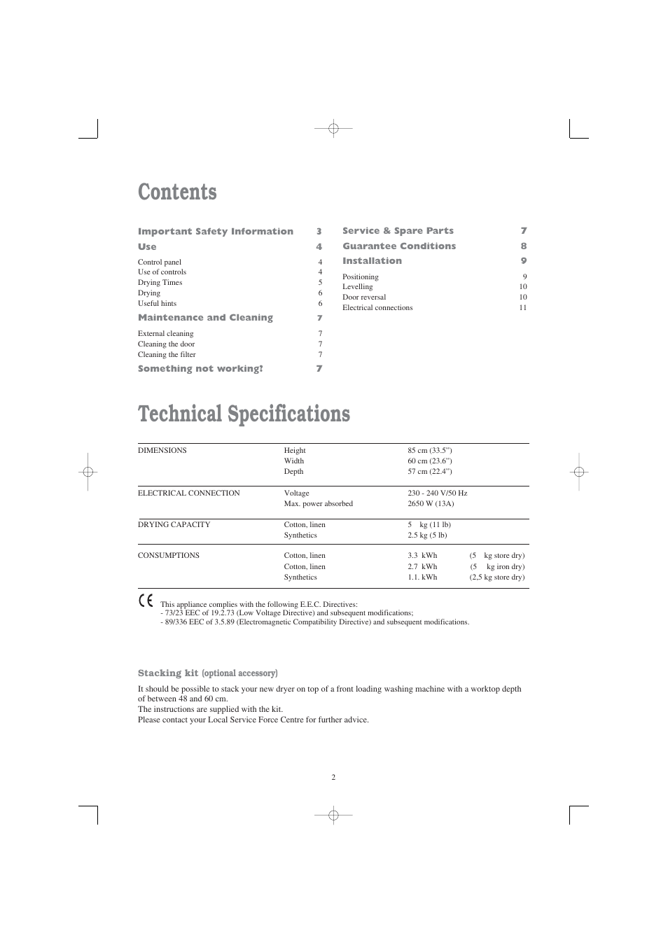 Technical specifications contents | Tricity Bendix TM 220 W User Manual | Page 2 / 12