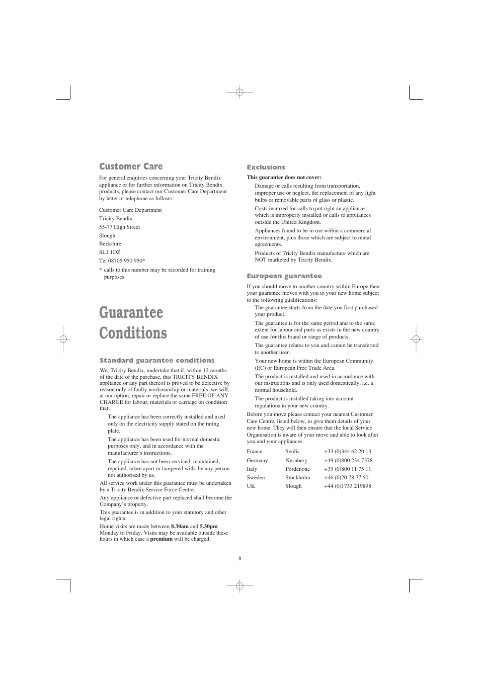 Guarantee conditions, Customer care | Tricity Bendix TM 220 W User Manual | Page 8 / 12