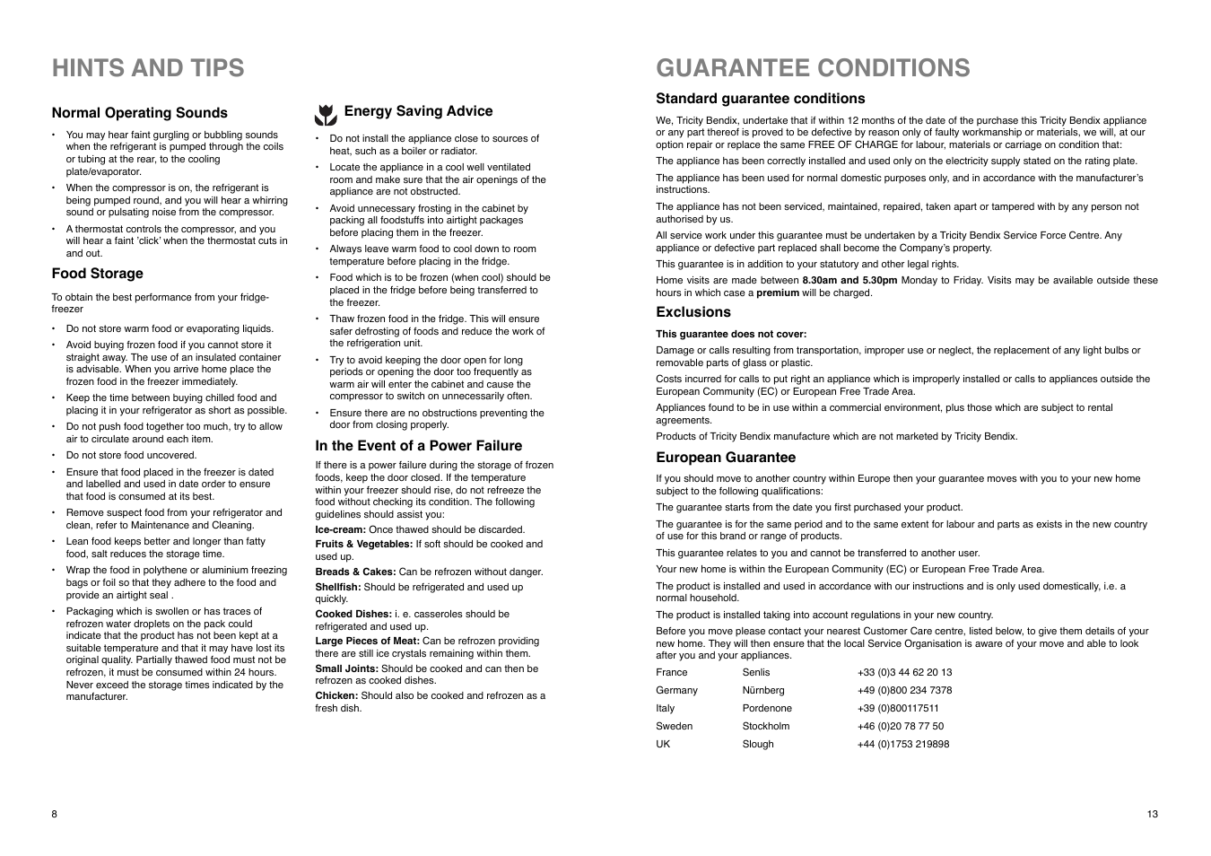 Hints and tips, Guarantee conditions | Tricity Bendix TB 180 TF User Manual | Page 13 / 20