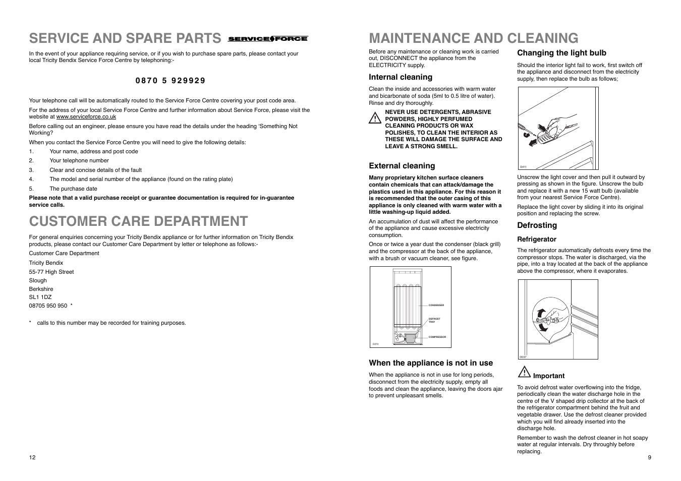 Maintenance and cleaning, Customer care department, Service and spare parts | Tricity Bendix TB 180 TF User Manual | Page 9 / 20