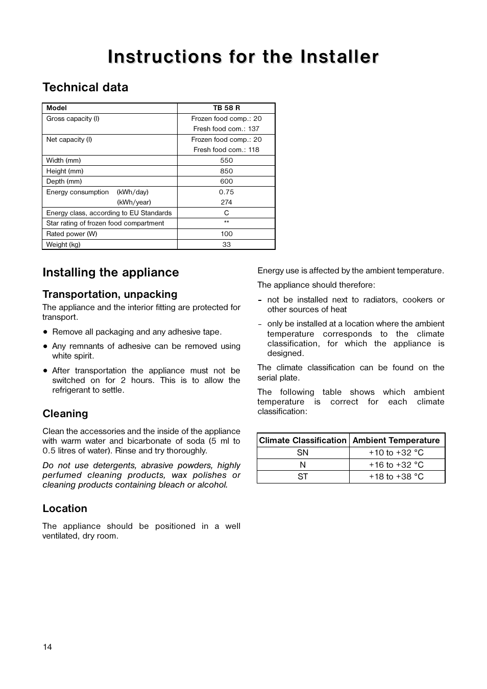 Installing the appliance, Technical data | Tricity Bendix TB 58 R User Manual | Page 14 / 20