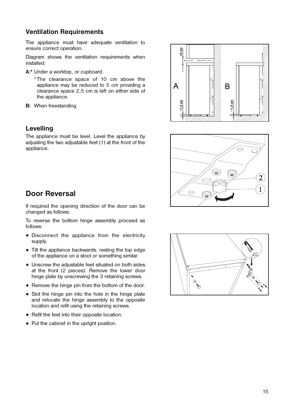 Door reversal, Ventilation requirements, Levelling | Tricity Bendix TB 58 R User Manual | Page 15 / 20