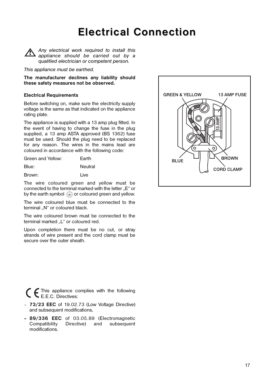 Electrical connection | Tricity Bendix TB 58 R User Manual | Page 17 / 20