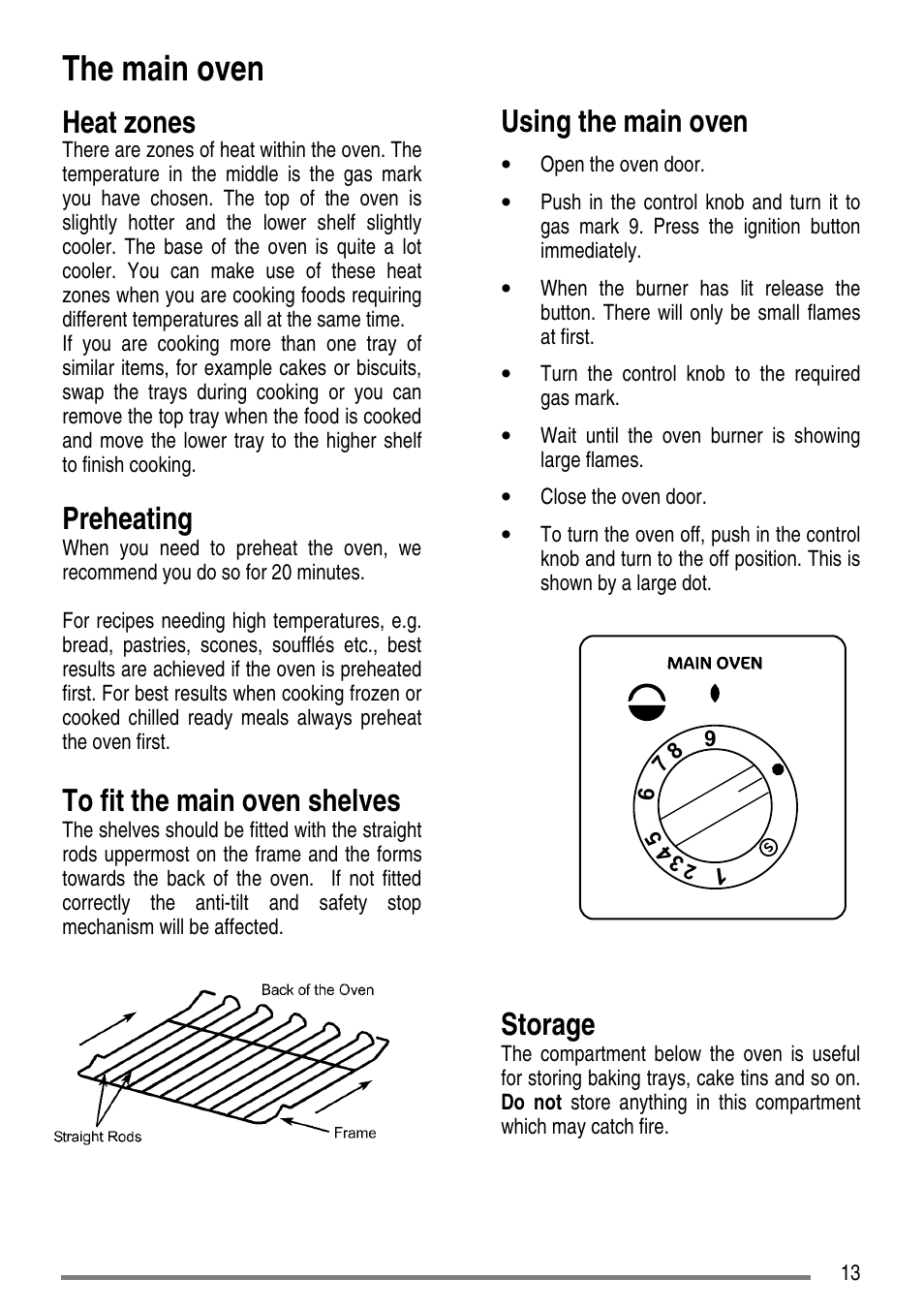 The main oven, Heat zones, Preheating | Using the main oven, Storage | Tricity Bendix L55M2 User Manual | Page 13 / 36