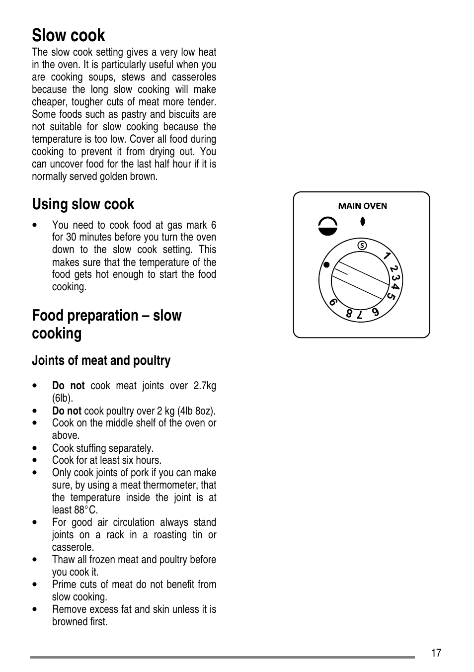Slow cook, Using slow cook, Food preparation – slow cooking | Joints of meat and poultry | Tricity Bendix L55M2 User Manual | Page 17 / 36