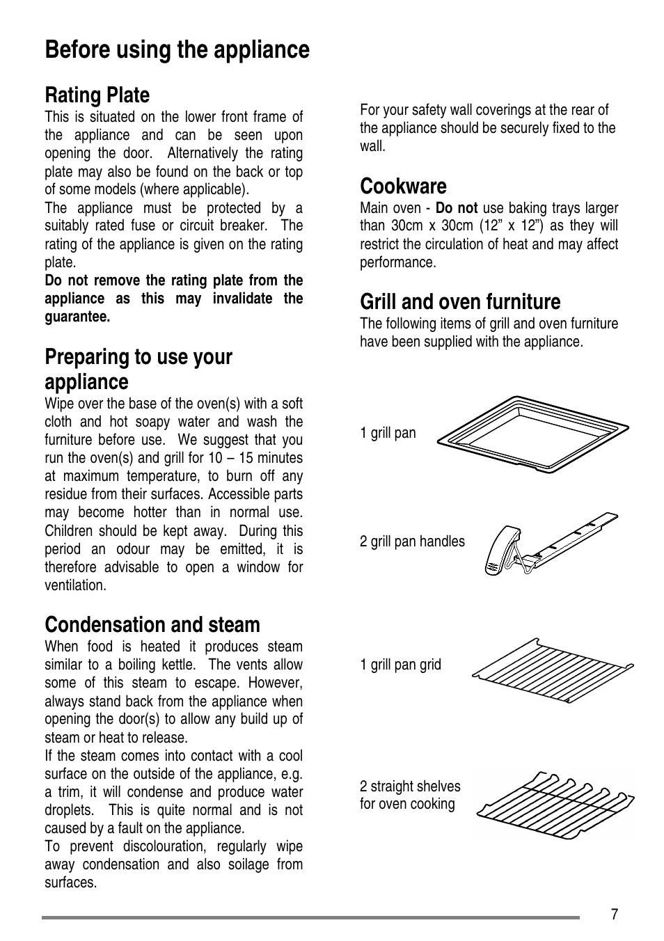 Before using the appliance, Rating plate, Preparing to use your appliance | Condensation and steam, Cookware, Grill and oven furniture | Tricity Bendix L55M2 User Manual | Page 7 / 36