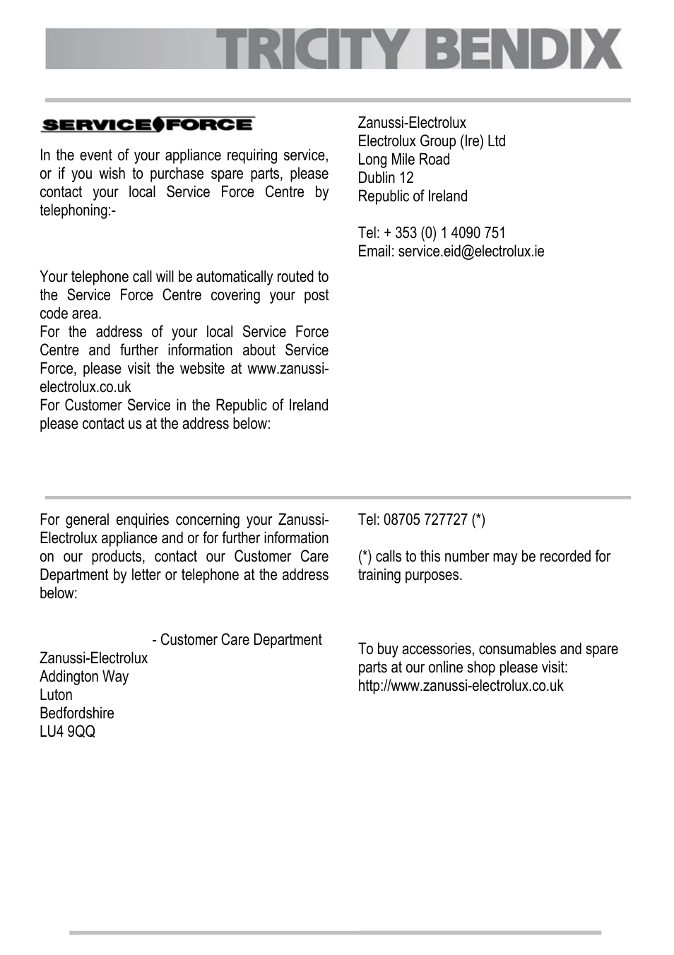 Service and spare parts, Customer care | Tricity Bendix SG211X User Manual | Page 17 / 32