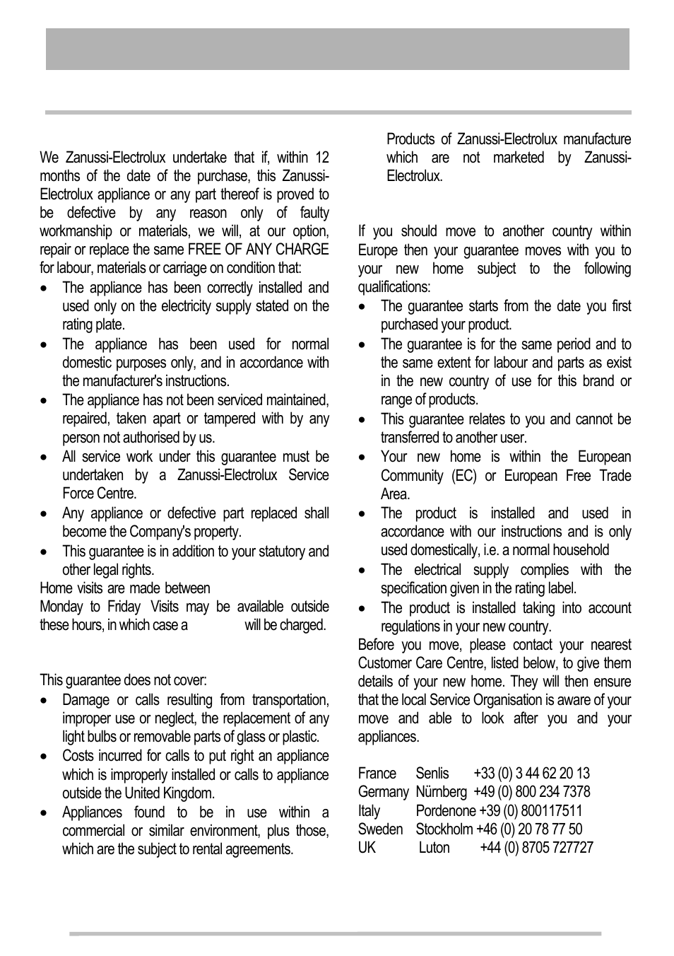 Guarantee conditions | Tricity Bendix SG211X User Manual | Page 18 / 32