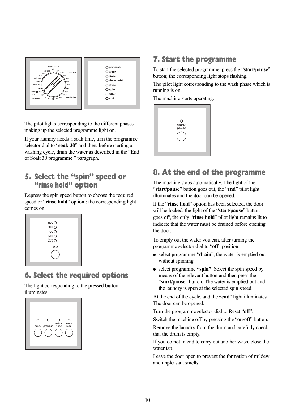 Select the “spin” speed or “rinse hold” option, Select the required options, Start the programme | At the end of the programme | Tricity Bendix TBWM 1110 User Manual | Page 10 / 28