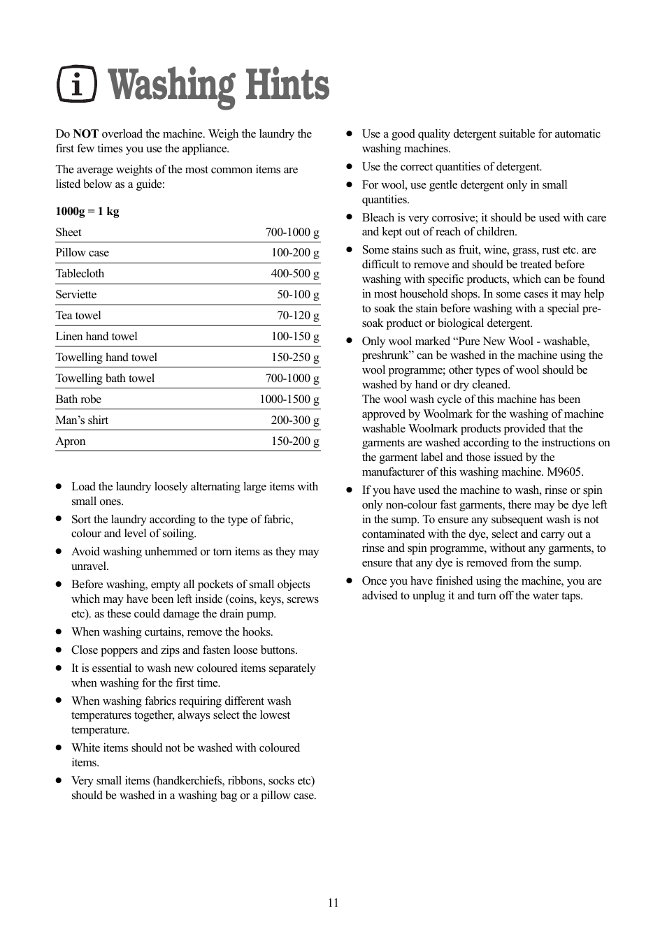 Washing hints | Tricity Bendix TBWM 1110 User Manual | Page 11 / 28