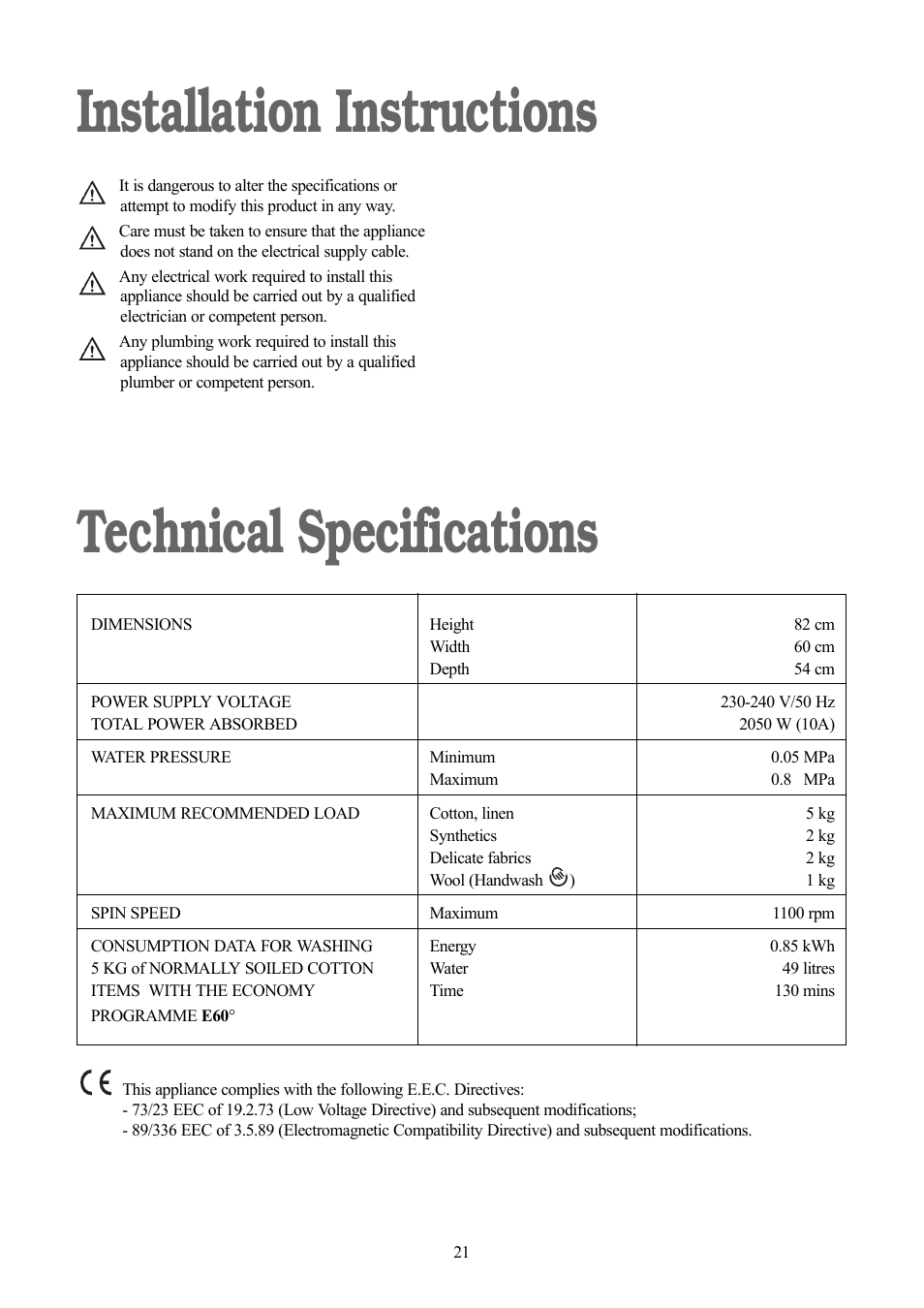 Installation instructions technical specifications | Tricity Bendix TBWM 1110 User Manual | Page 21 / 28