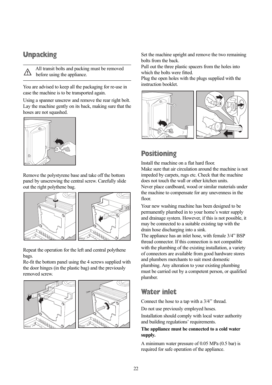 Unpacking, Positioning, Water inlet | Tricity Bendix TBWM 1110 User Manual | Page 22 / 28