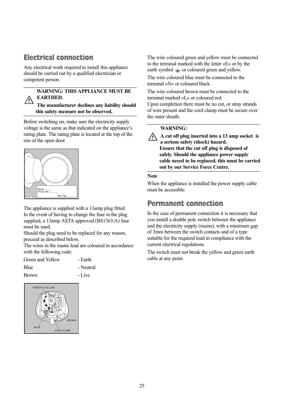 Electrical connection, Permanent connection | Tricity Bendix TBWM 1110 User Manual | Page 25 / 28