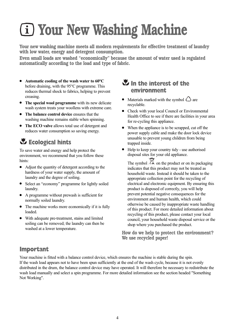 Your new washing machine, Ecological hints, Important | Tricity Bendix TBWM 1110 User Manual | Page 4 / 28