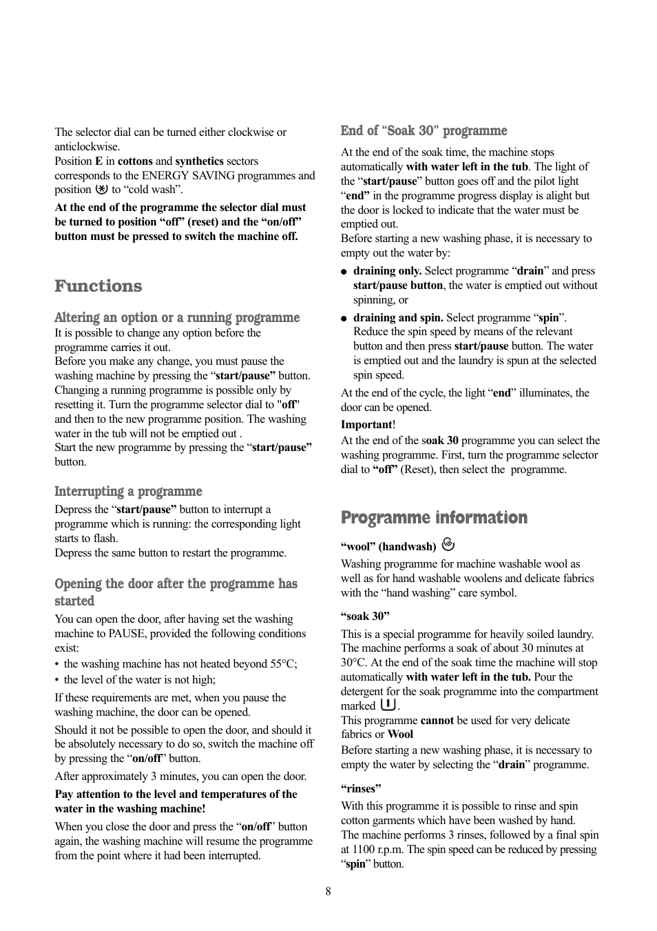 Programme information, Functions | Tricity Bendix TBWM 1110 User Manual | Page 8 / 28