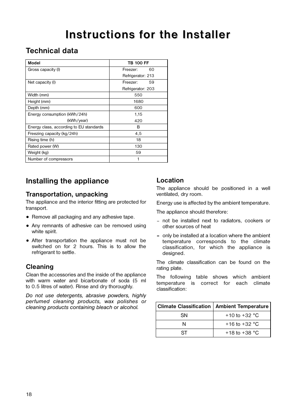 Technical data, Installing the appliance | Tricity Bendix TB 100 FF User Manual | Page 18 / 24