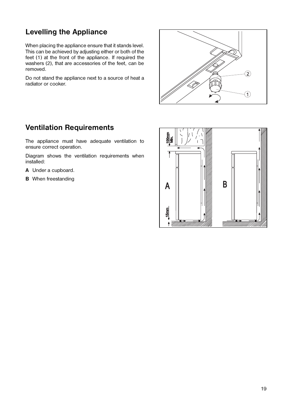 Levelling the appliance, Ventilation requirements | Tricity Bendix TB 100 FF User Manual | Page 19 / 24