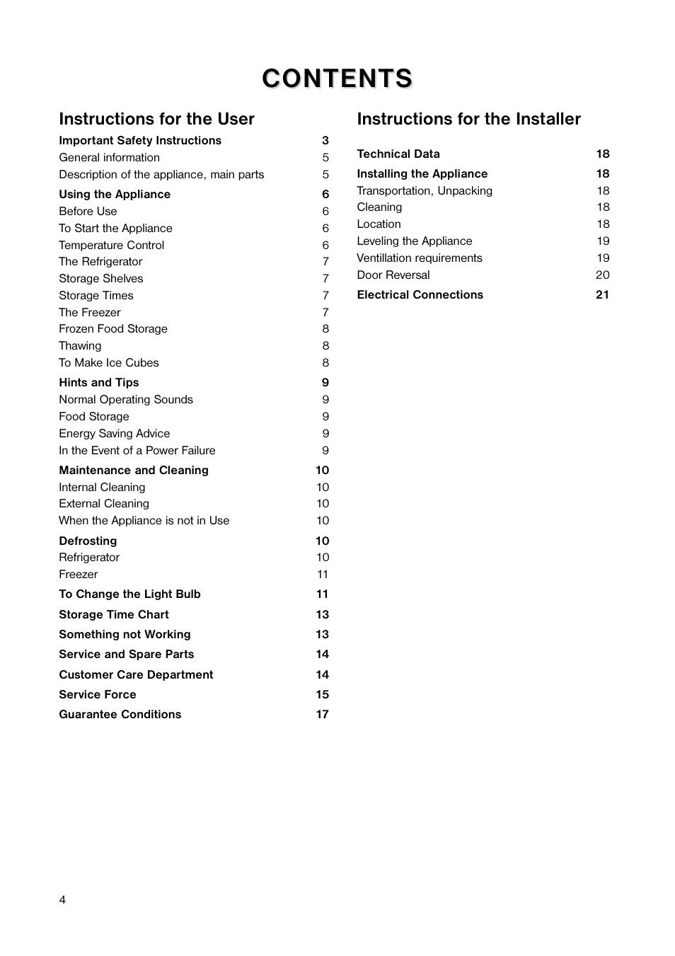 Content, Content s s, Instructions for the user | Instructions for the installer | Tricity Bendix TB 100 FF User Manual | Page 4 / 24