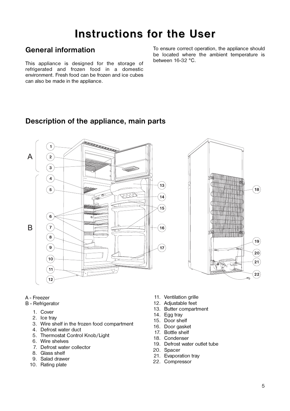 General information, Description of the appliance, main parts | Tricity Bendix TB 100 FF User Manual | Page 5 / 24