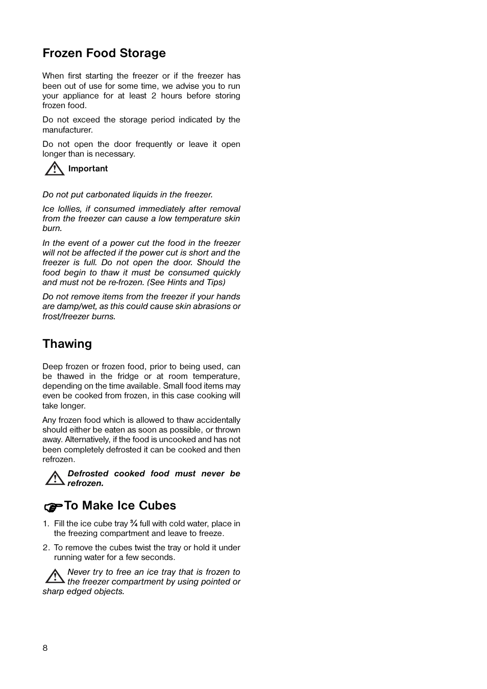 Frozen food storage, Thawing | Tricity Bendix TB 100 FF User Manual | Page 8 / 24
