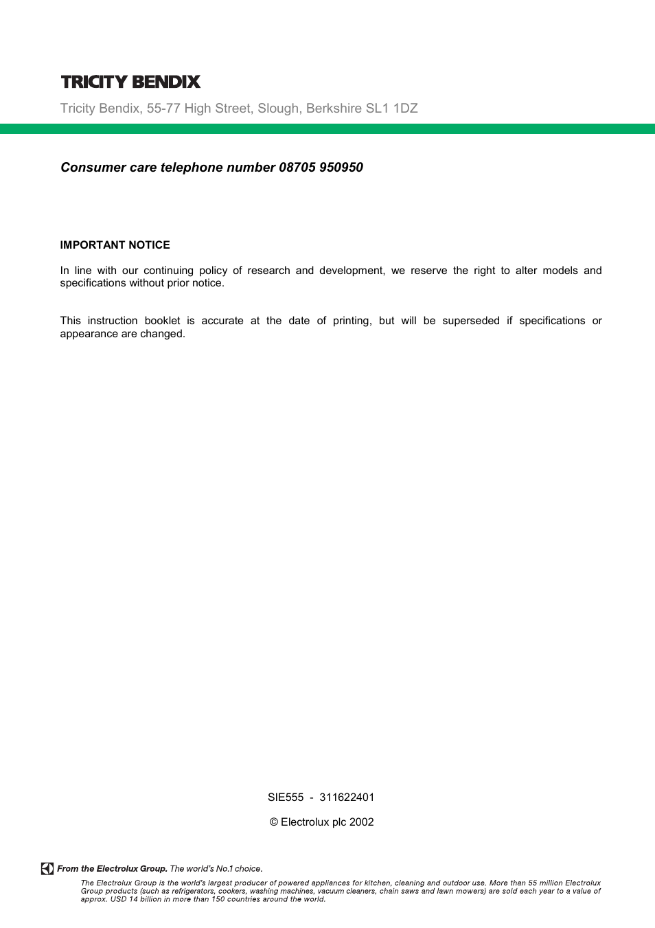 Tricity Bendix SIE555 User Manual | Page 36 / 36