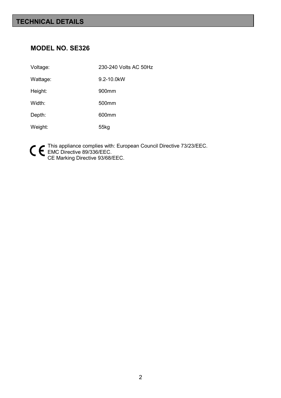 Model no. se326, Technical details | Tricity Bendix SE326 User Manual | Page 2 / 32