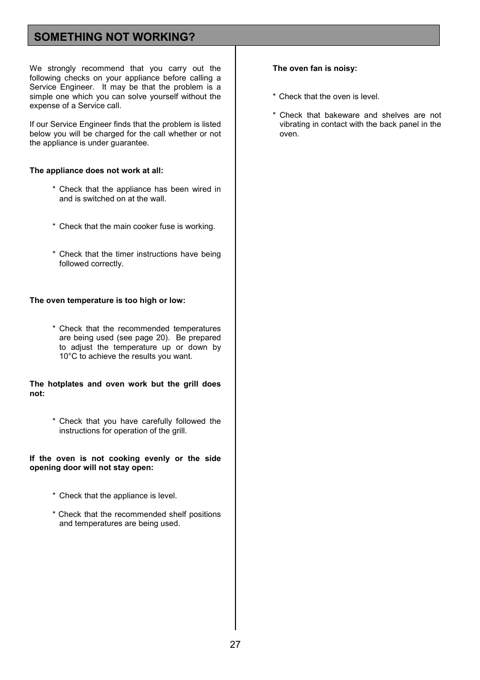 Something not working | Tricity Bendix SE326 User Manual | Page 27 / 32