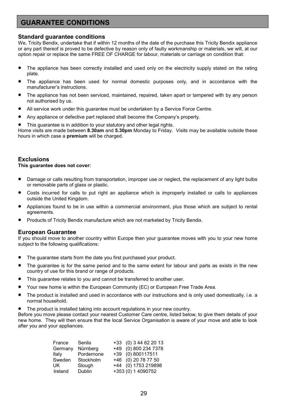 Guarantee conditions | Tricity Bendix SE326 User Manual | Page 29 / 32