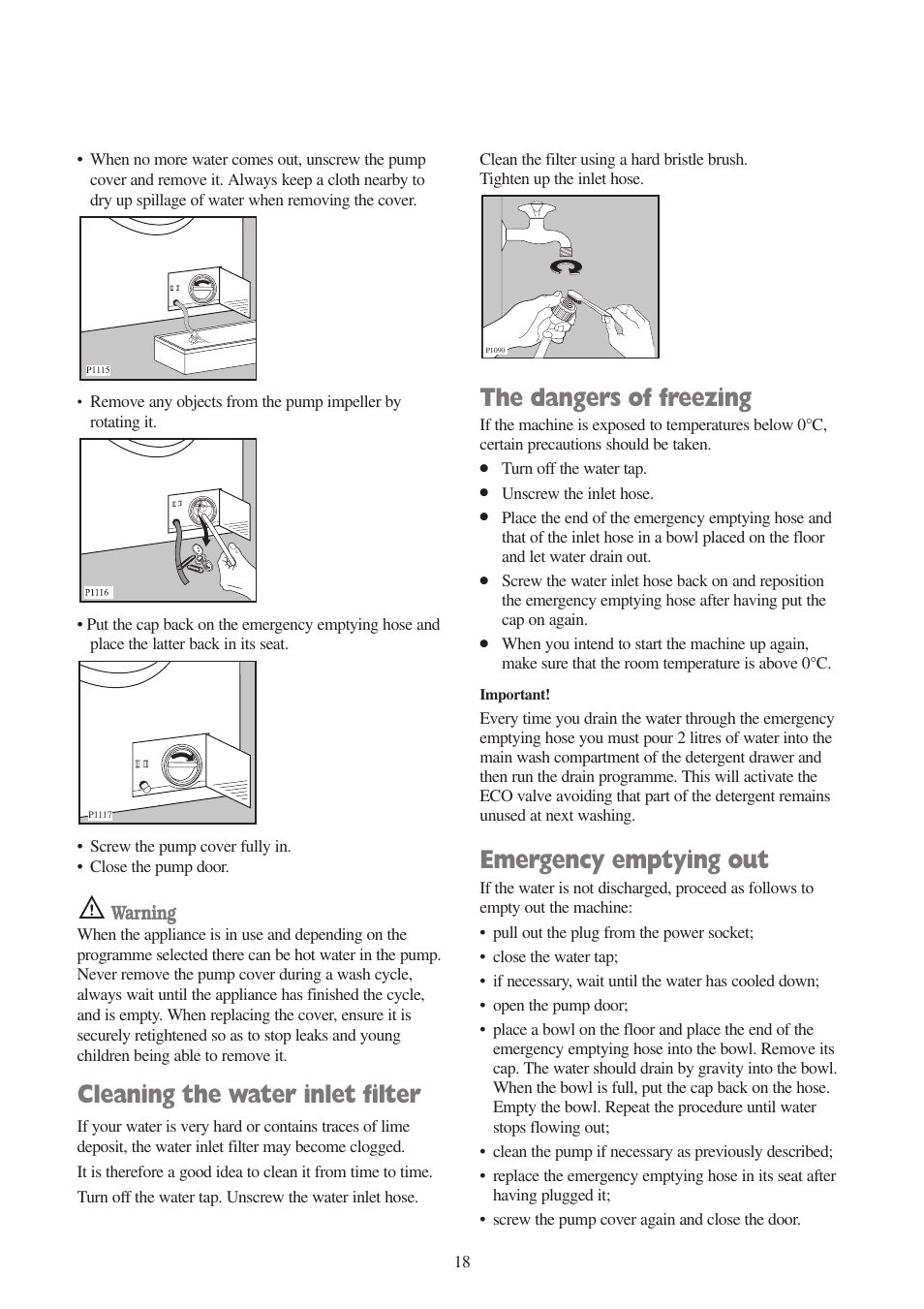 Cleaning the water inlet filter, The dangers of freezing, Emergency emptying out | Warning | Tricity Bendix AW 1000 W User Manual | Page 18 / 28