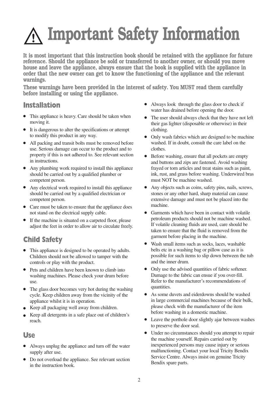 Important safety information, Installation, Child safety | Tricity Bendix AW 1000 W User Manual | Page 2 / 28