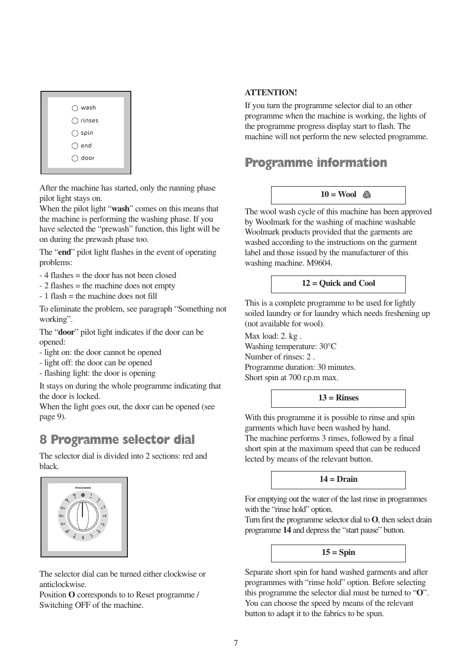 8 programme selector dial, Programme information | Tricity Bendix AW 1000 W User Manual | Page 7 / 28