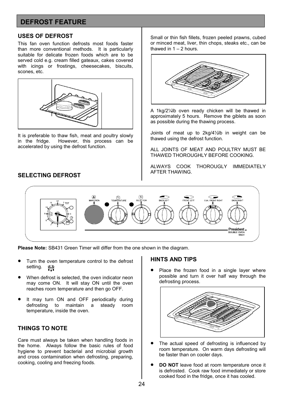Defrost feature | Tricity Bendix SB431 User Manual | Page 24 / 32