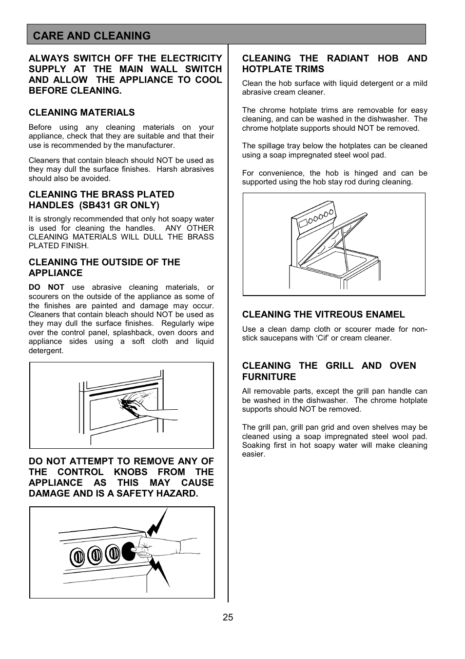 Care and cleaning | Tricity Bendix SB431 User Manual | Page 25 / 32