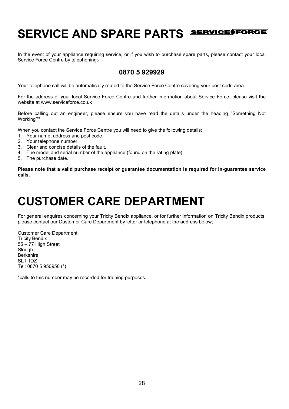 Service and spare parts, Customer care department | Tricity Bendix SB431 User Manual | Page 28 / 32