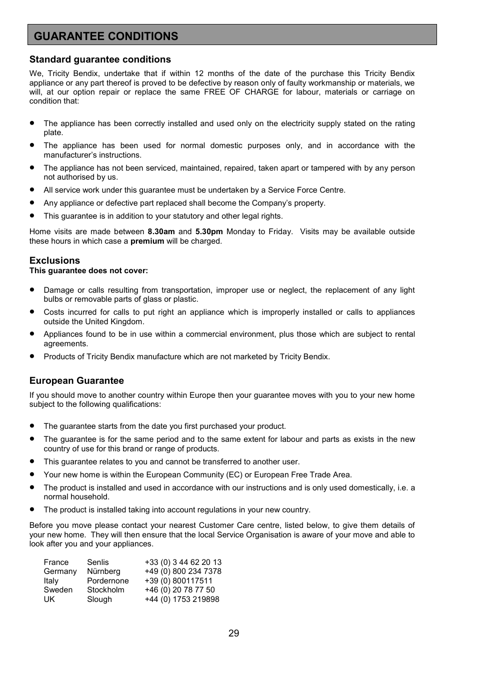 Guarantee conditions | Tricity Bendix SB431 User Manual | Page 29 / 32