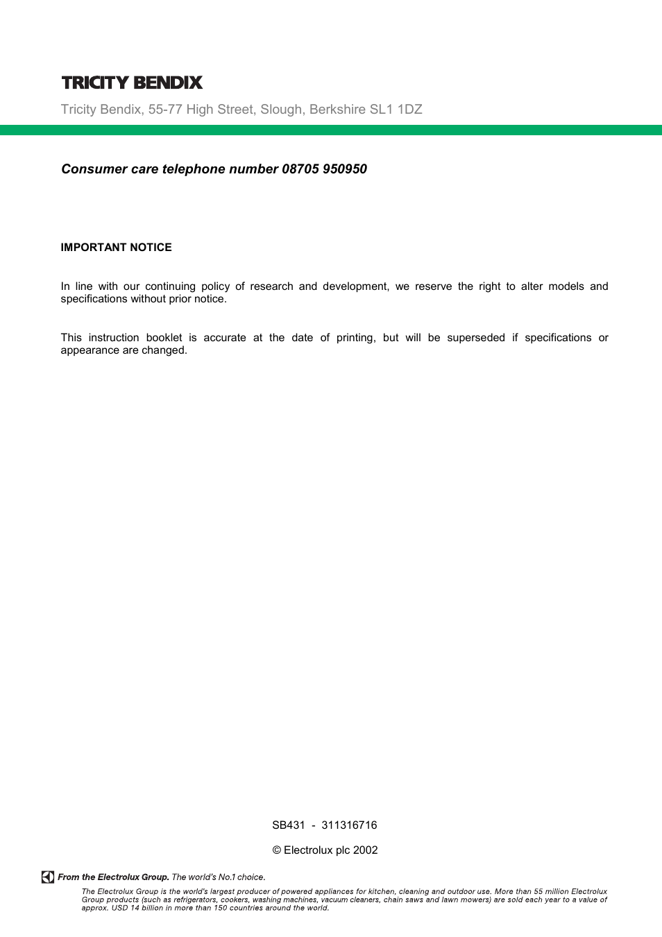 Tricity Bendix SB431 User Manual | Page 32 / 32