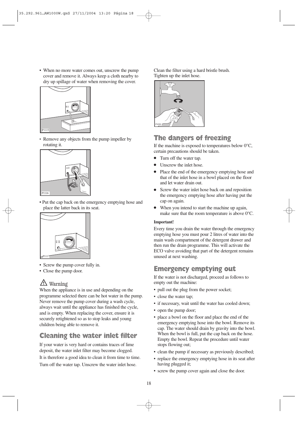 Cleaning the water inlet filter, The dangers of freezing, Emergency emptying out | Warning | Tricity Bendix AW 1001 W User Manual | Page 18 / 28