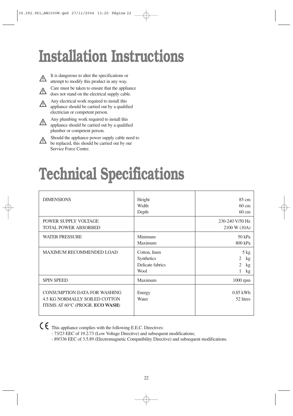 Installation instructions technical specifications | Tricity Bendix AW 1001 W User Manual | Page 22 / 28