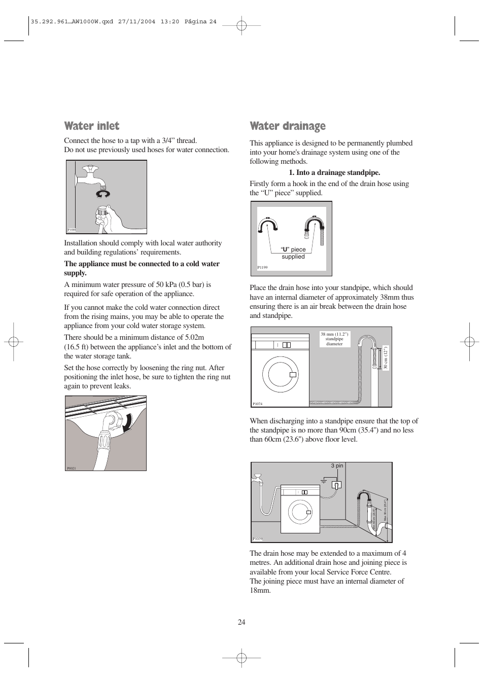 Water inlet, Water drainage | Tricity Bendix AW 1001 W User Manual | Page 24 / 28