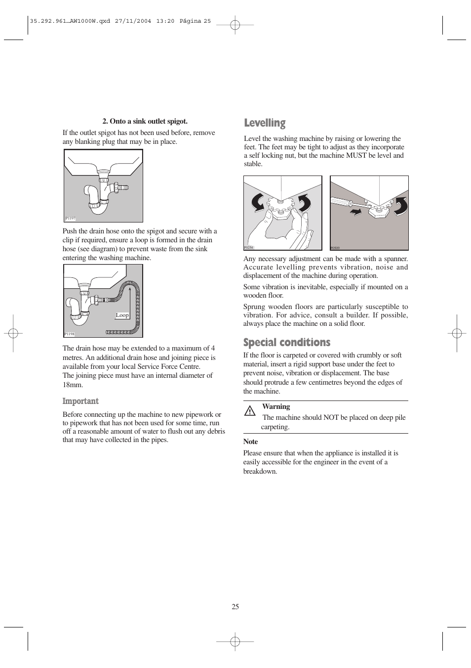 Levelling, Special conditions, Important | Tricity Bendix AW 1001 W User Manual | Page 25 / 28
