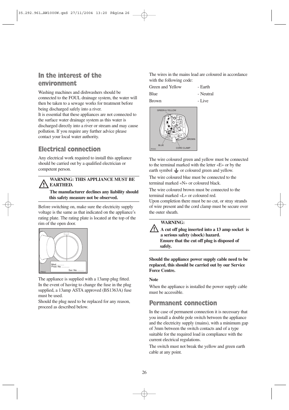 Electrical connection, Permanent connection | Tricity Bendix AW 1001 W User Manual | Page 26 / 28