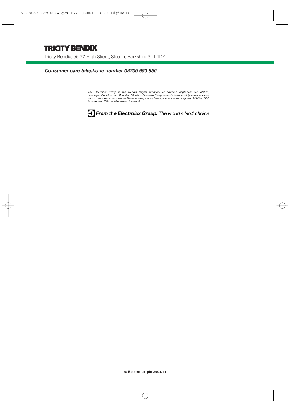 Tricity Bendix AW 1001 W User Manual | Page 28 / 28