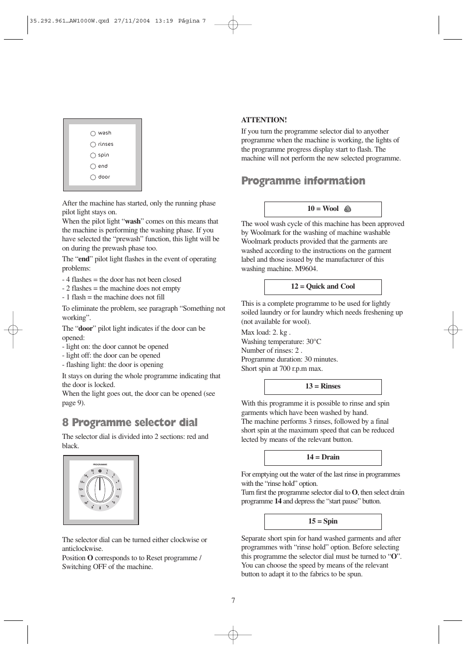 8 programme selector dial, Programme information | Tricity Bendix AW 1001 W User Manual | Page 7 / 28