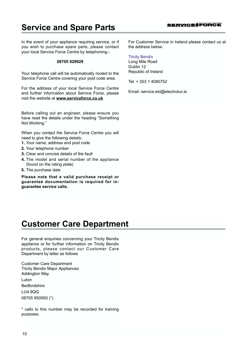 Service and spare parts, Customer care department | Tricity Bendix TBUF 100 User Manual | Page 10 / 20