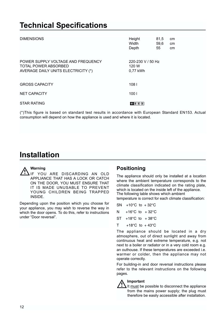 Technical specifications, Installation, Positioning | Tricity Bendix TBUF 100 User Manual | Page 12 / 20