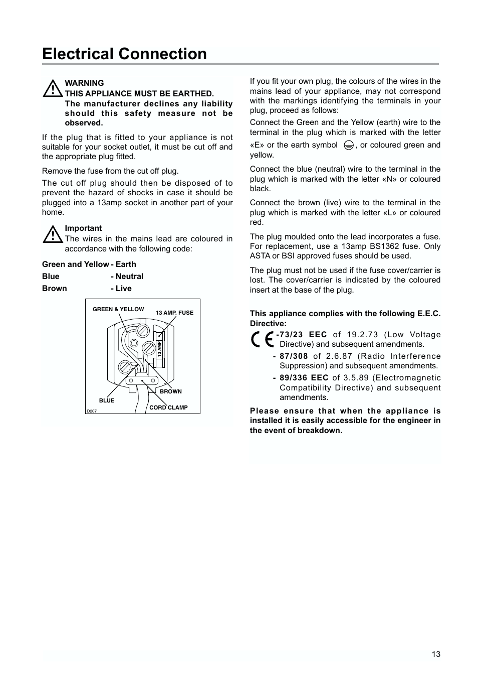 Electrical connection | Tricity Bendix TBUF 100 User Manual | Page 13 / 20