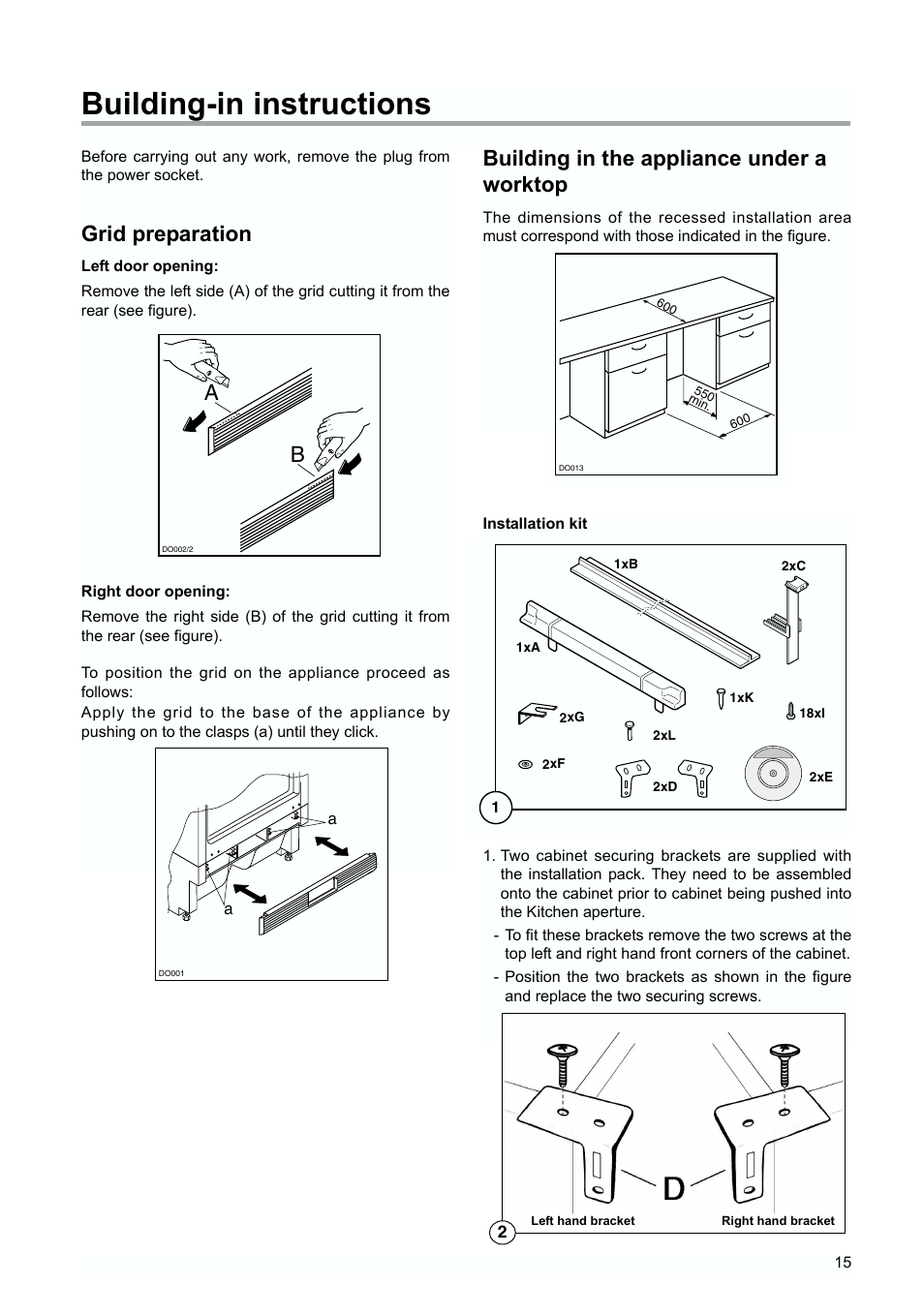 Building-in instructions, Grid preparation, Building in the appliance under a worktop | Tricity Bendix TBUF 100 User Manual | Page 15 / 20