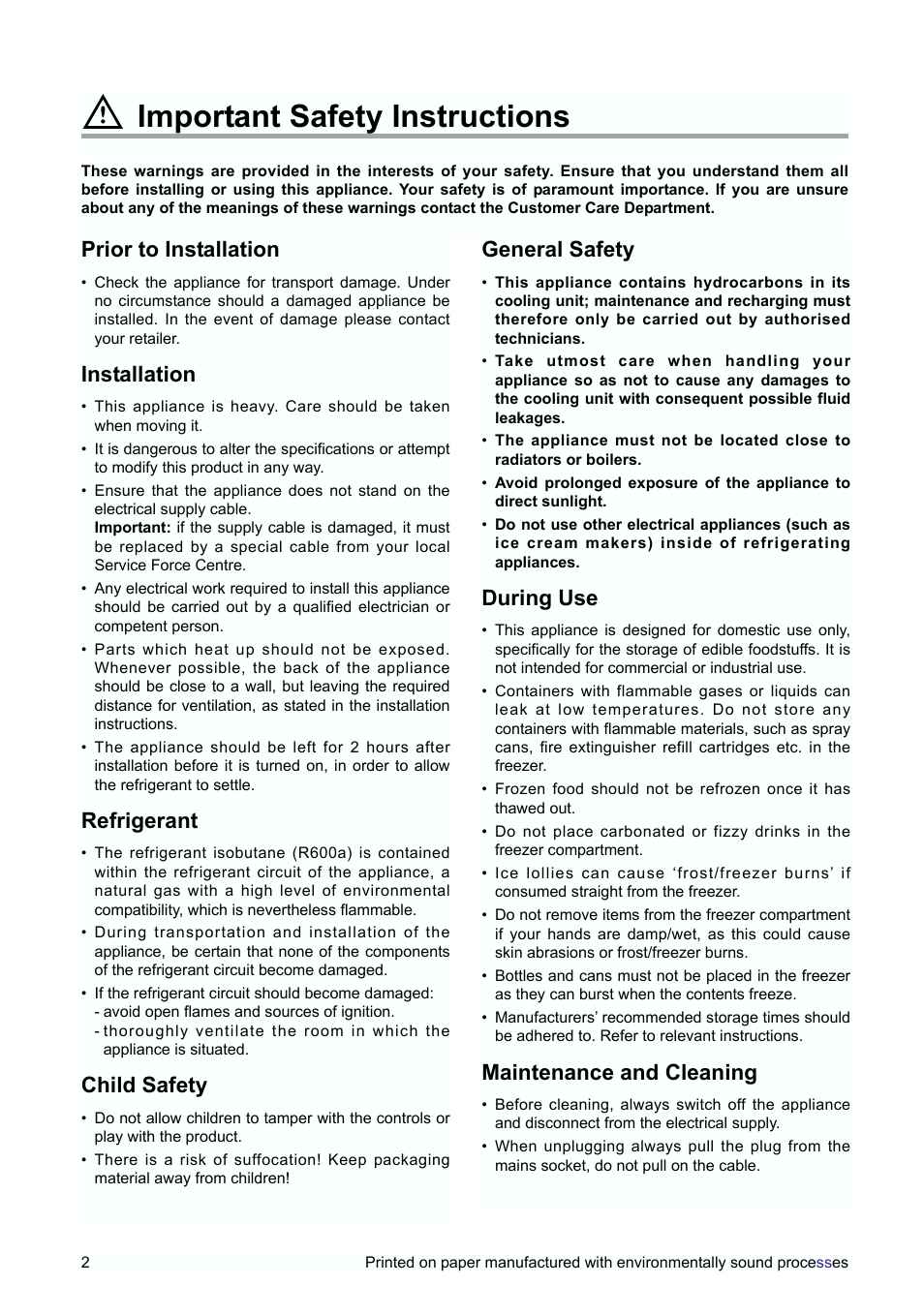 Important safety instructions, Prior to installation, Installation | Refrigerant, Child safety, General safety, During use, Maintenance and cleaning | Tricity Bendix TBUF 100 User Manual | Page 2 / 20